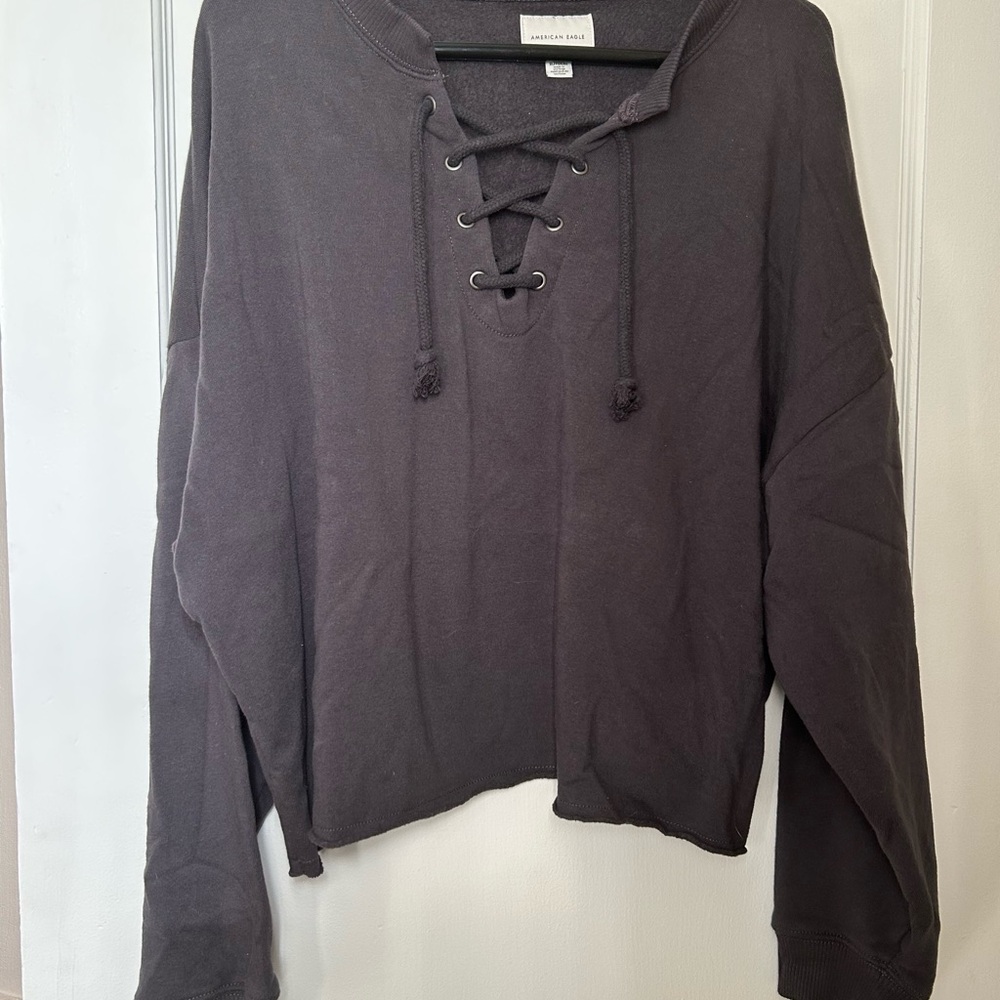 American Eagle Outfitters Charcoal Lace-Up V-Neck Sweater